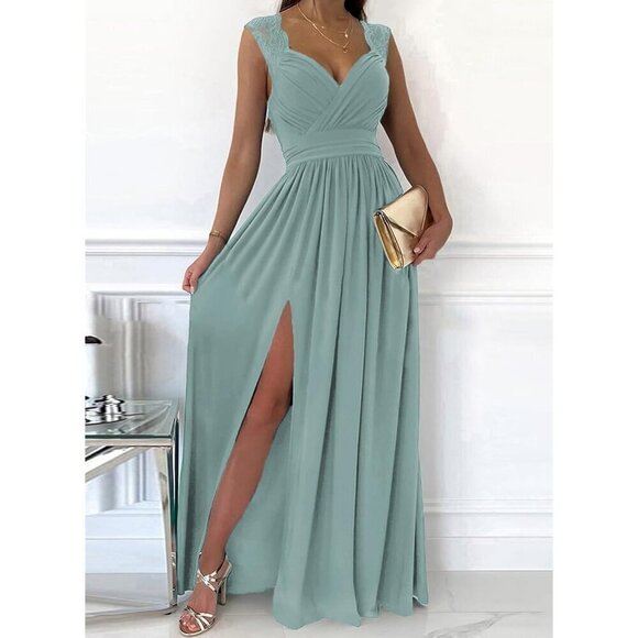 Women's Formal Dresses Green Wrap V-Neck Maxi Dresses - Picture 7 of 7
